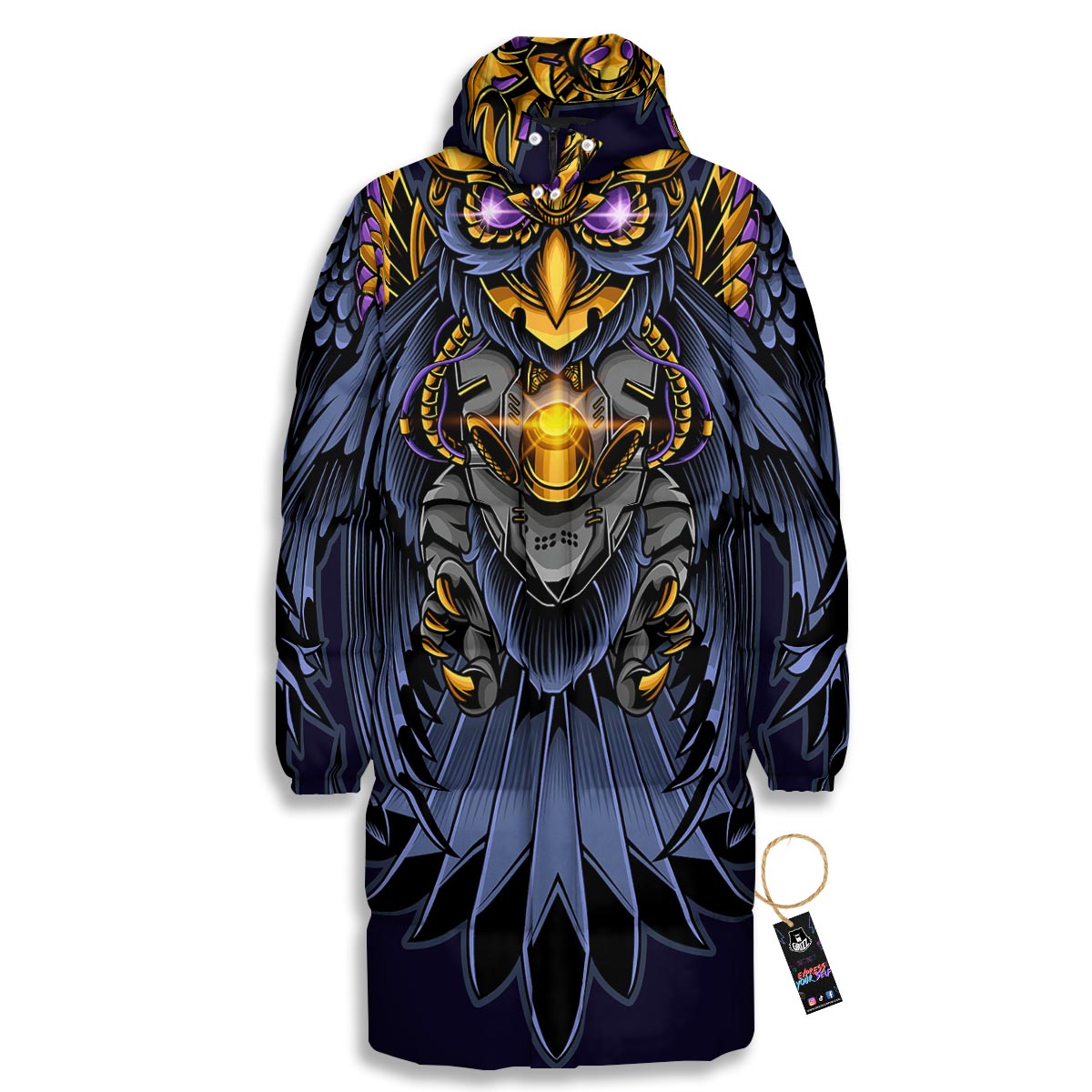 Owl Steampunk Print Long Down Jacket-grizzshop
