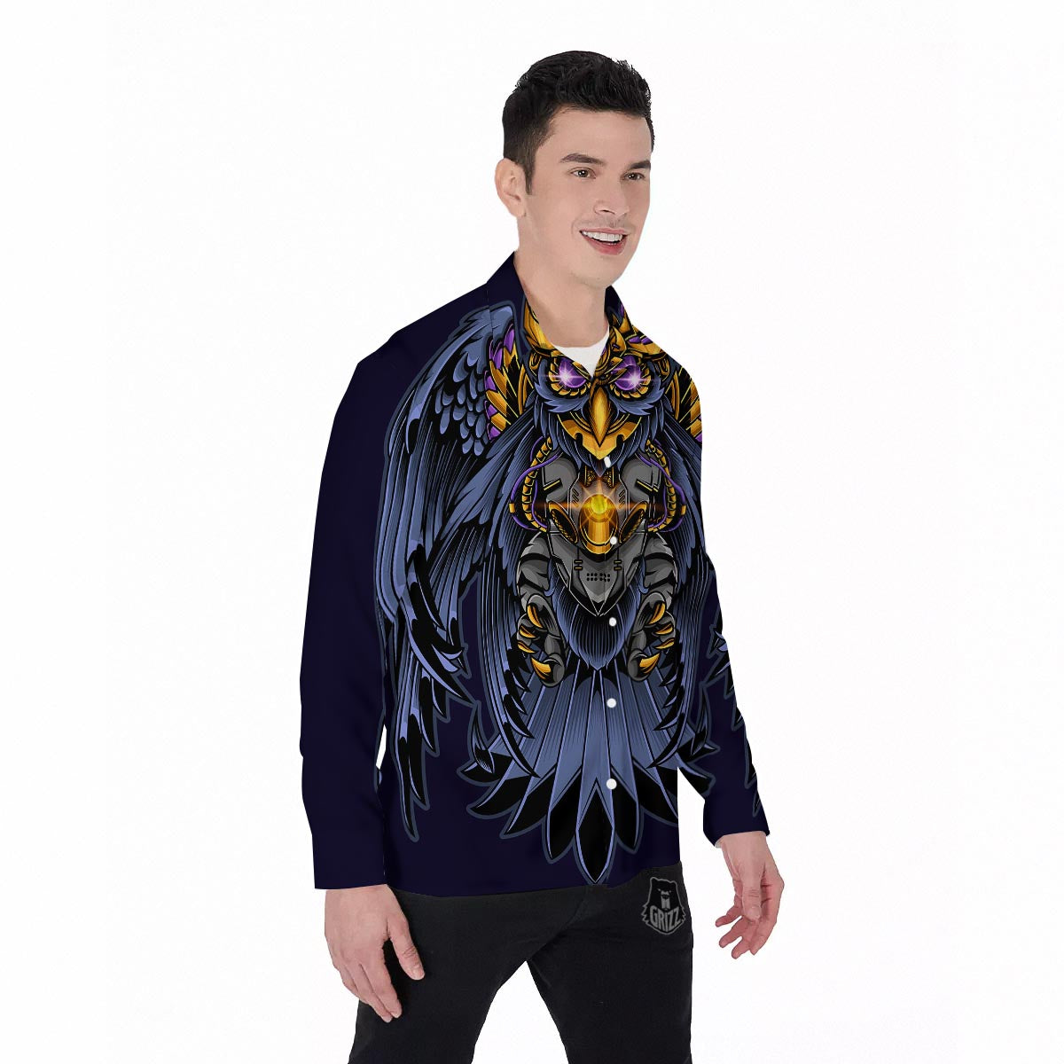Owl Steampunk Print Men's Long Sleeve Shirts-grizzshop
