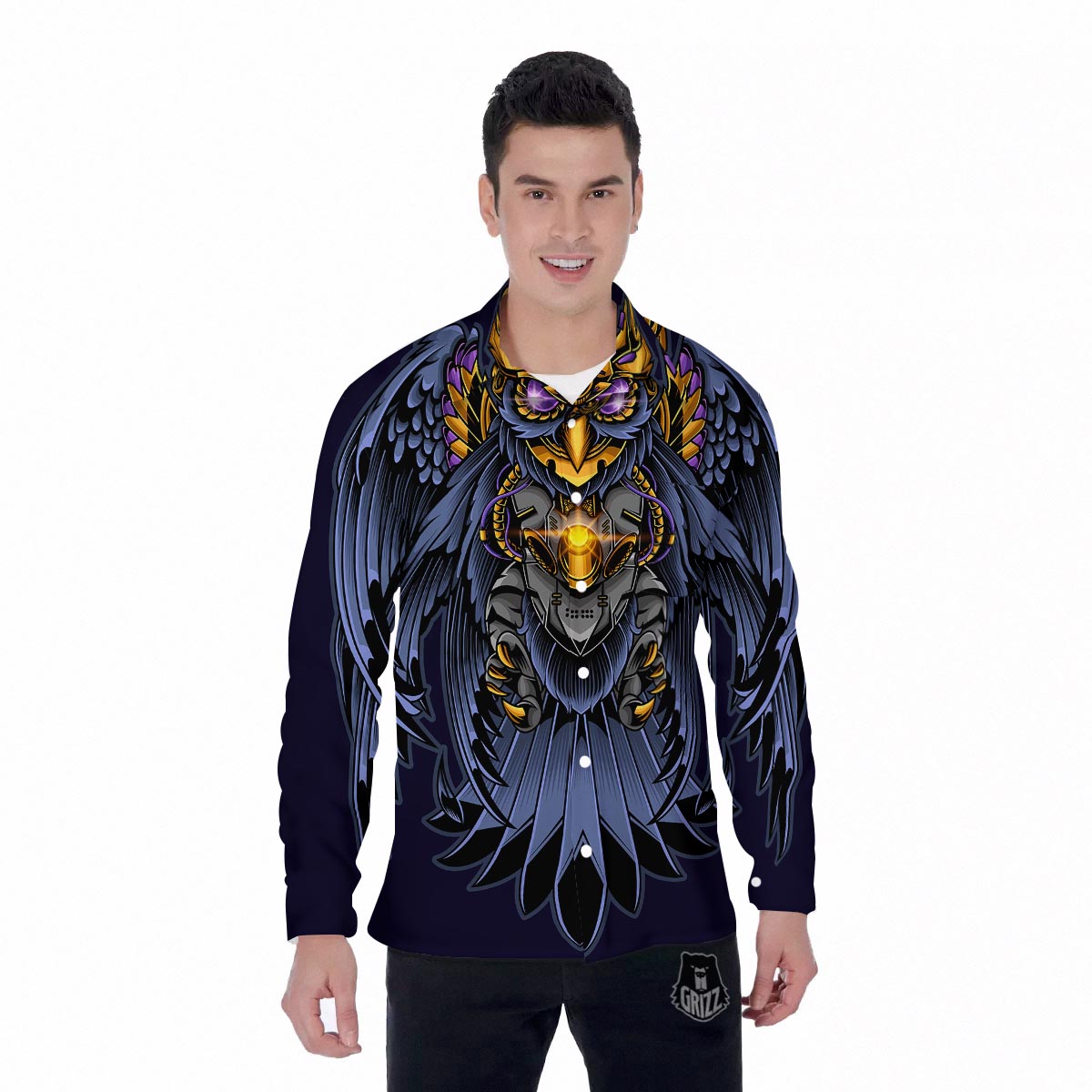 Owl Steampunk Print Men's Long Sleeve Shirts-grizzshop