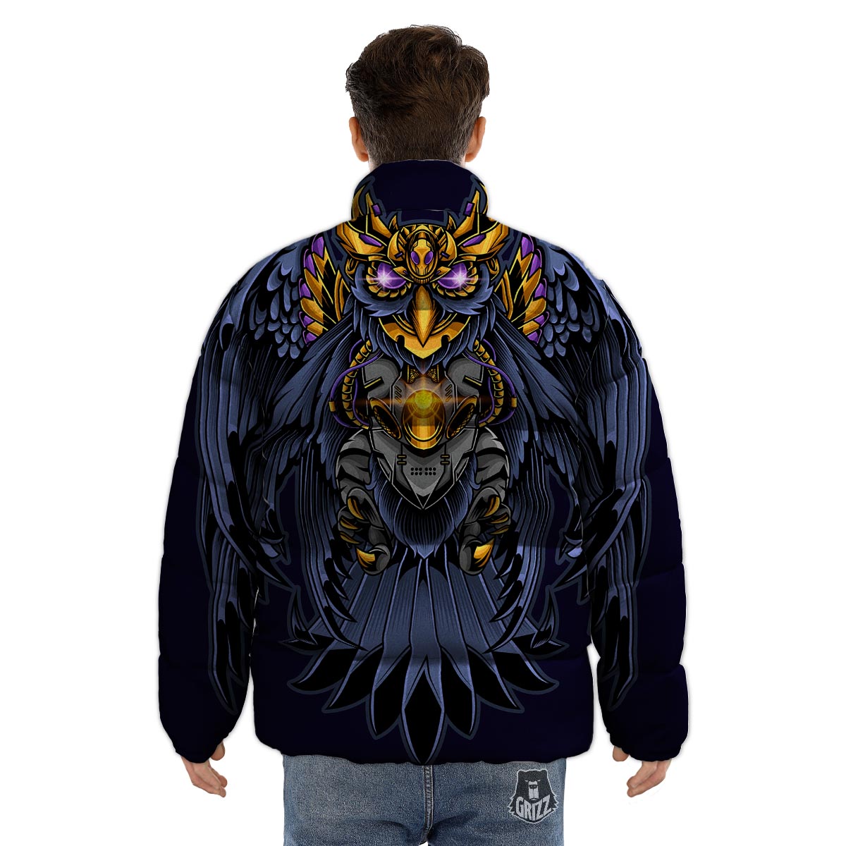 Owl Steampunk Print Puffer Jacket-grizzshop