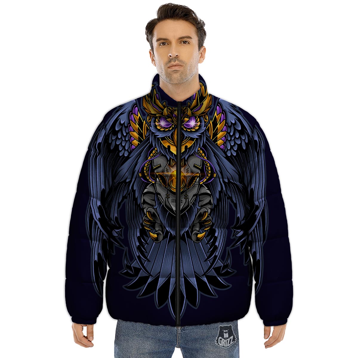 Owl Steampunk Print Puffer Jacket-grizzshop