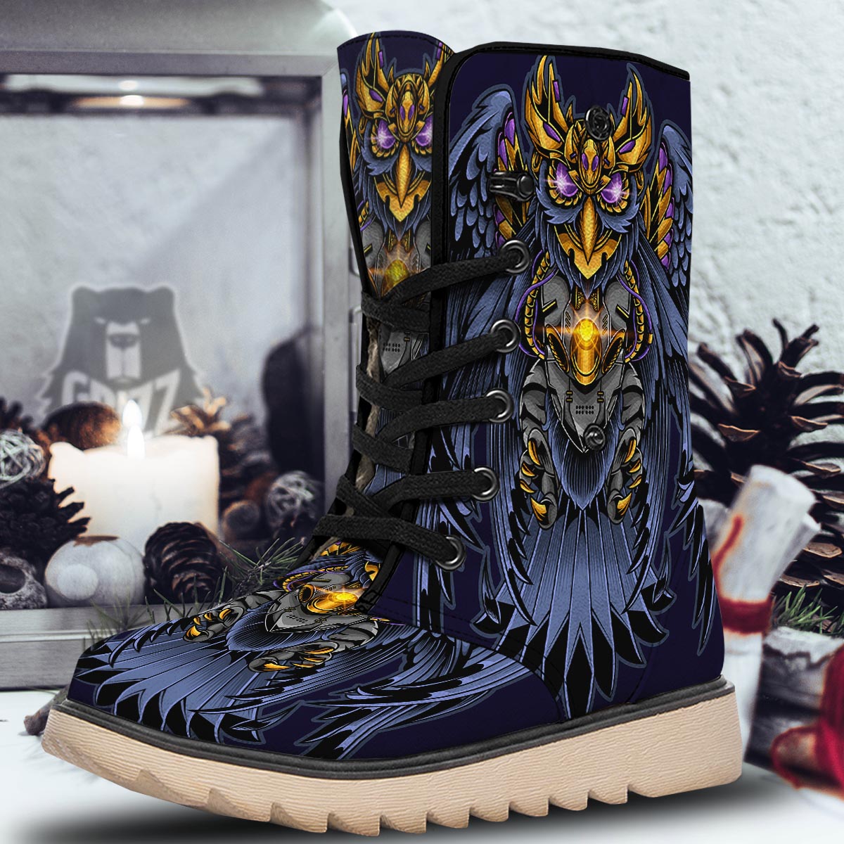 Owl Steampunk Print Snow Boots-grizzshop