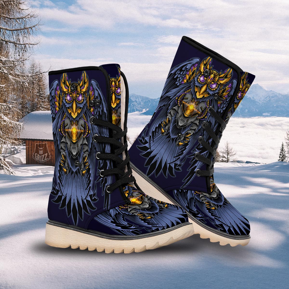 Owl Steampunk Print Snow Boots-grizzshop