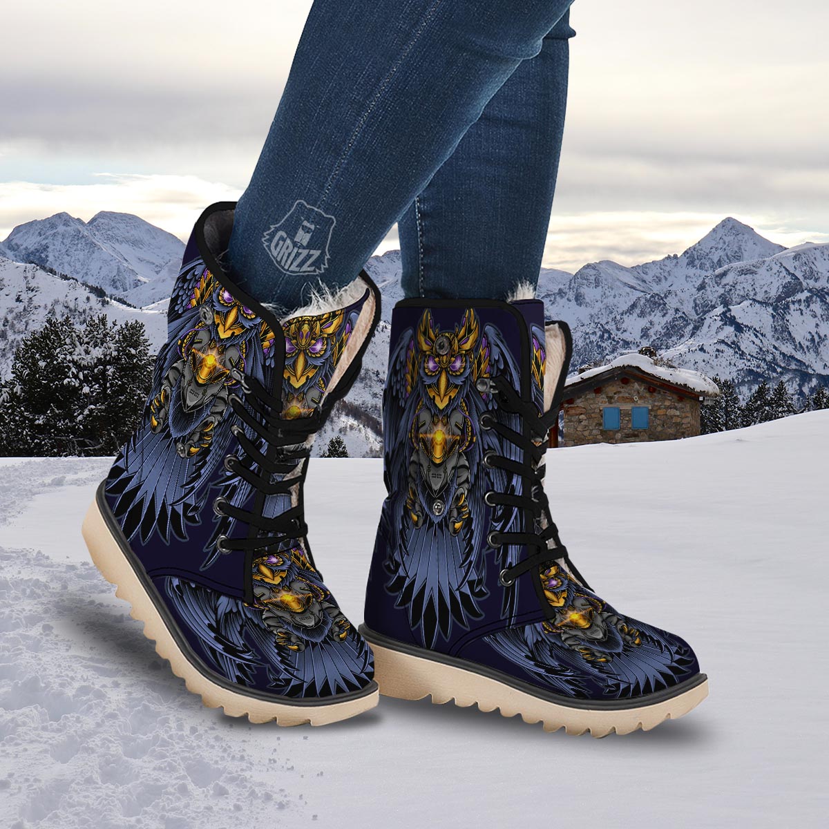 Owl Steampunk Print Snow Boots-grizzshop