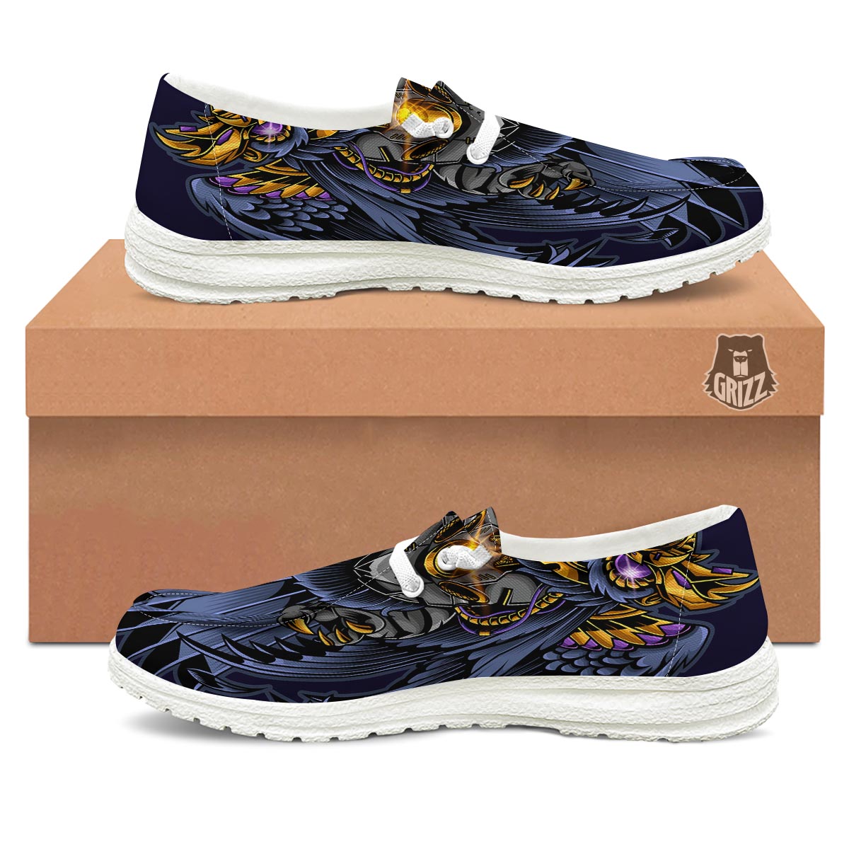 Owl Steampunk Print White Loafers-grizzshop