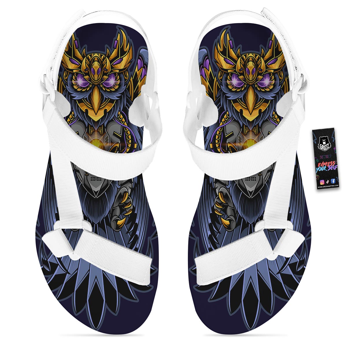 Owl Steampunk Print White Open Toe Sandals-grizzshop