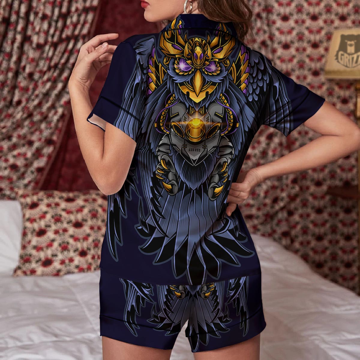 Owl Steampunk Print Women Silk Pajamas-grizzshop