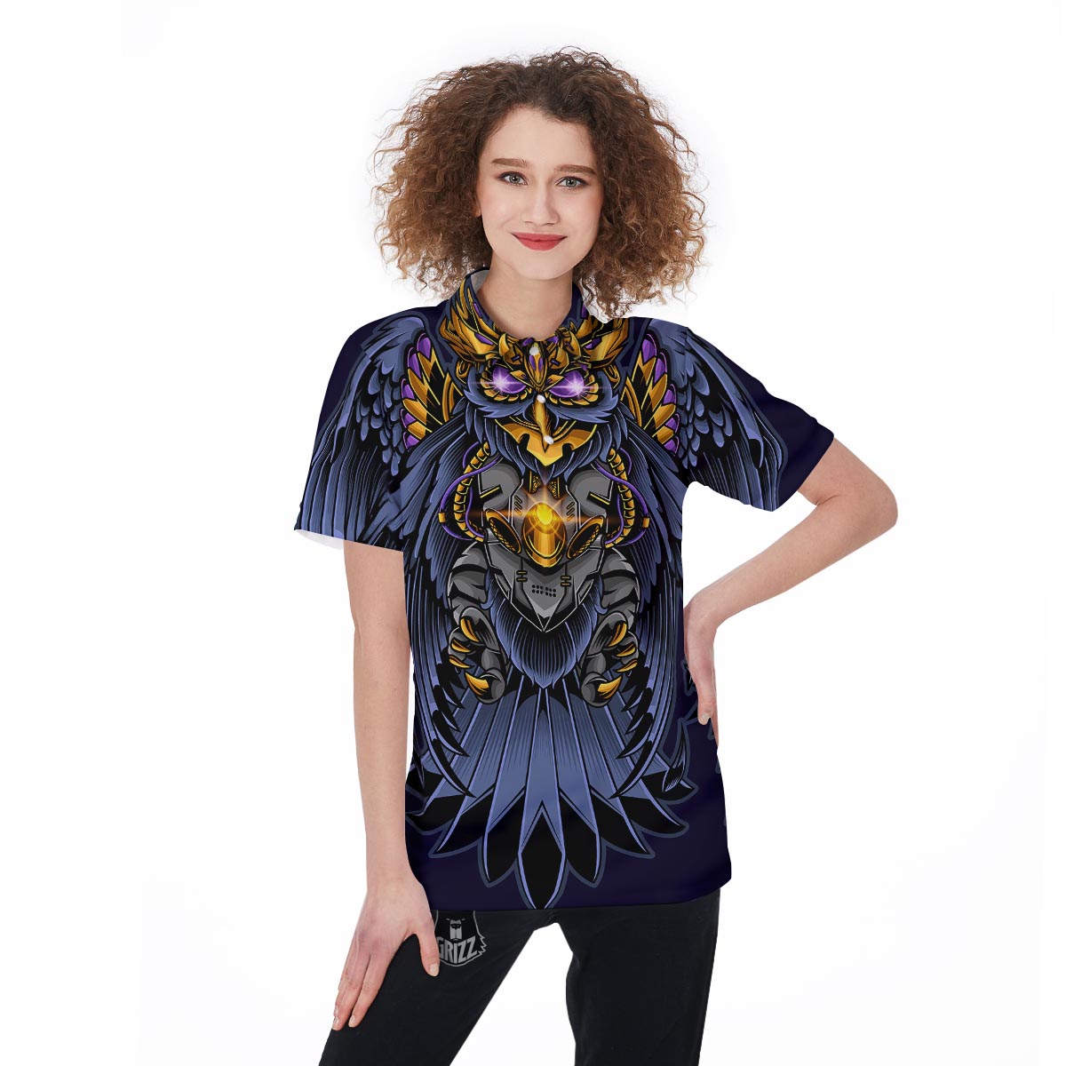 Owl Steampunk Print Women's Golf Shirts-grizzshop