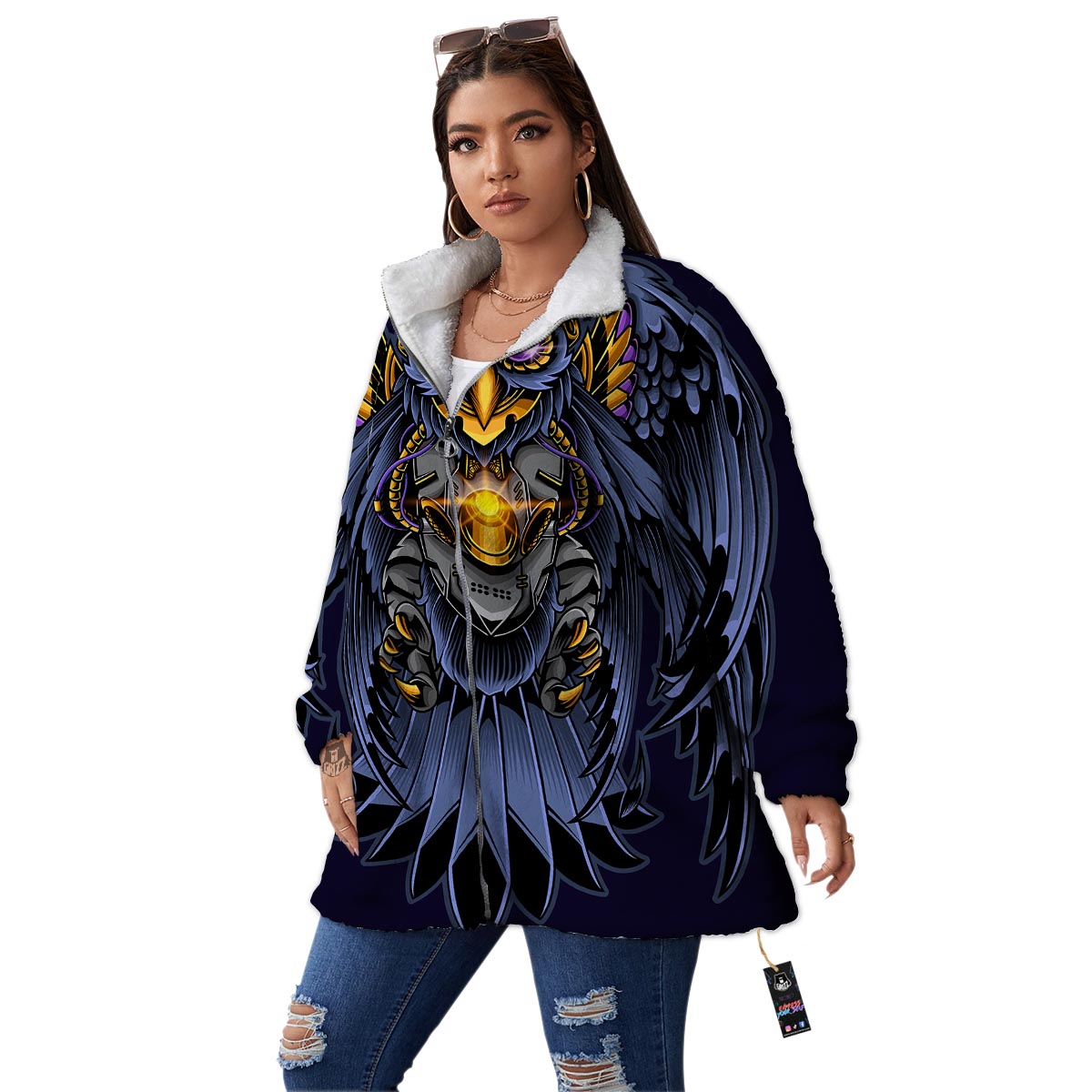 Owl Steampunk Print Women's Sherpa Jacket-grizzshop