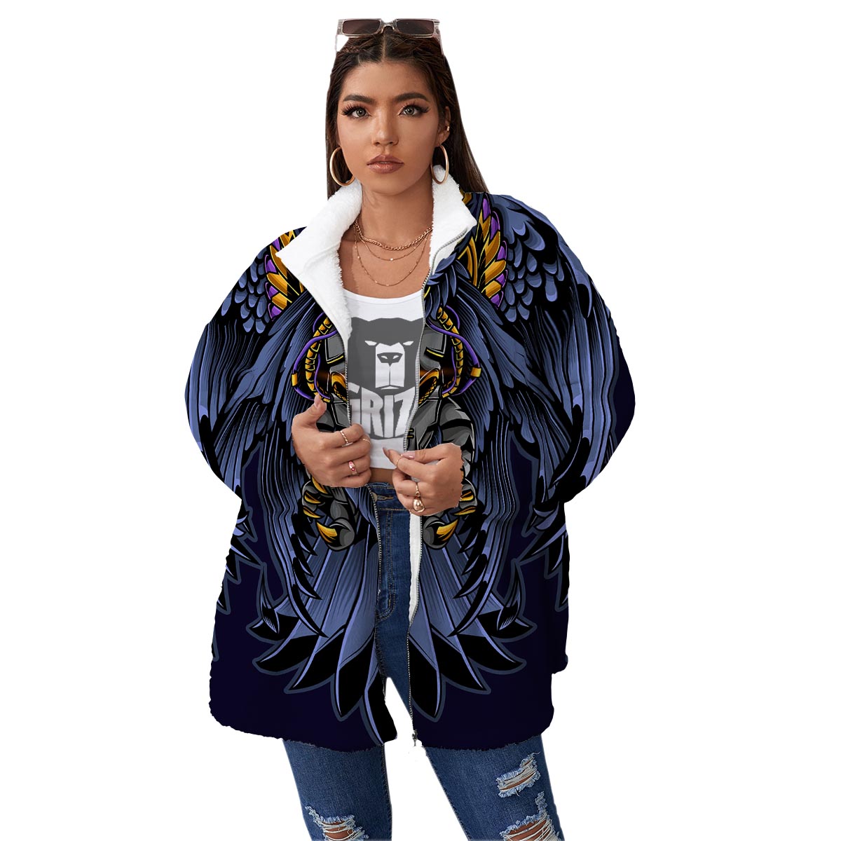 Owl Steampunk Print Women's Sherpa Jacket-grizzshop