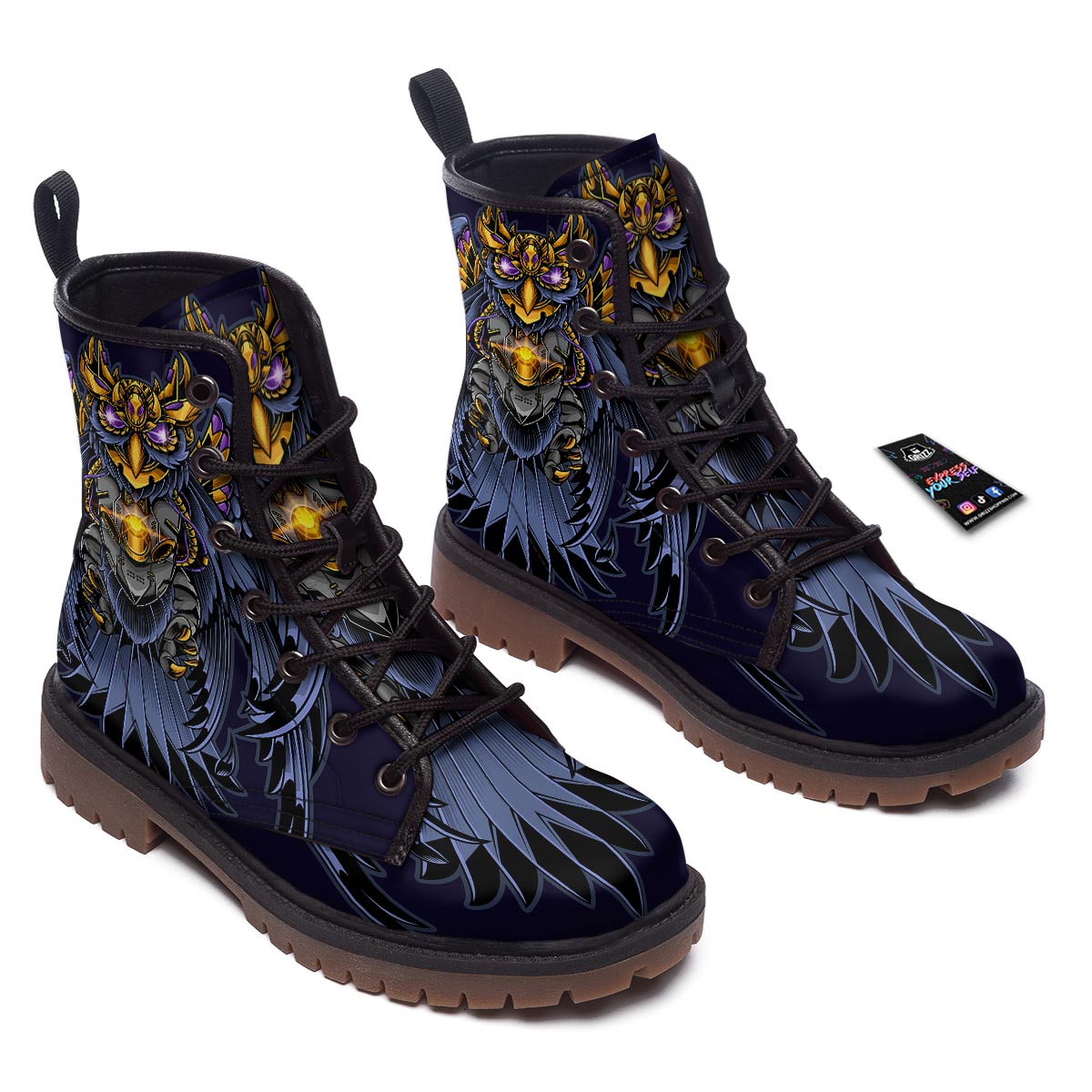 Owl Steampunk Print Work Boots-grizzshop