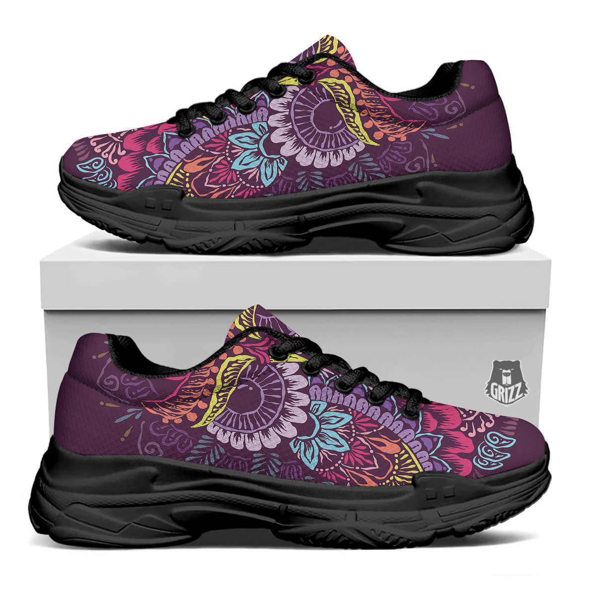 Owl Tribal Colorful Print Black Chunky Shoes-grizzshop