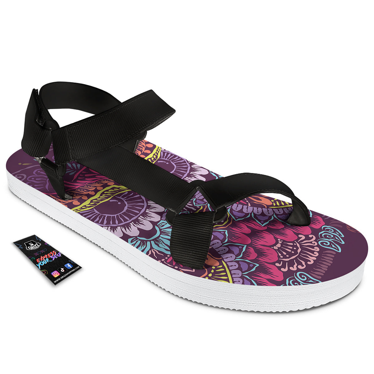Owl Tribal Colorful Print Black Open Toe Sandals-grizzshop