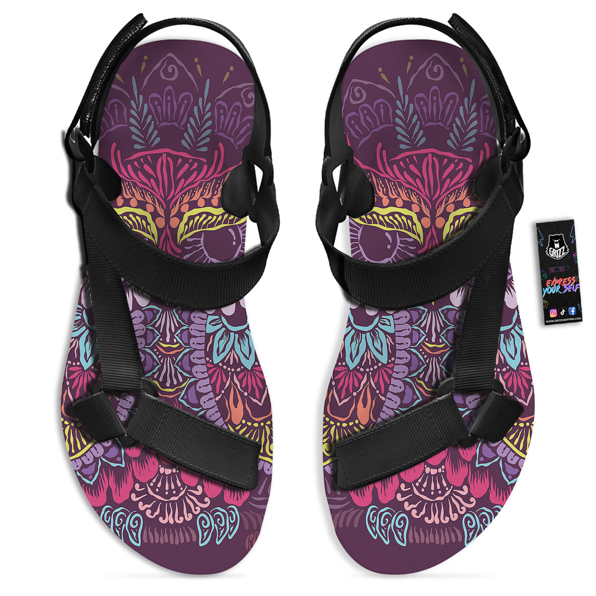 Owl Tribal Colorful Print Black Open Toe Sandals-grizzshop