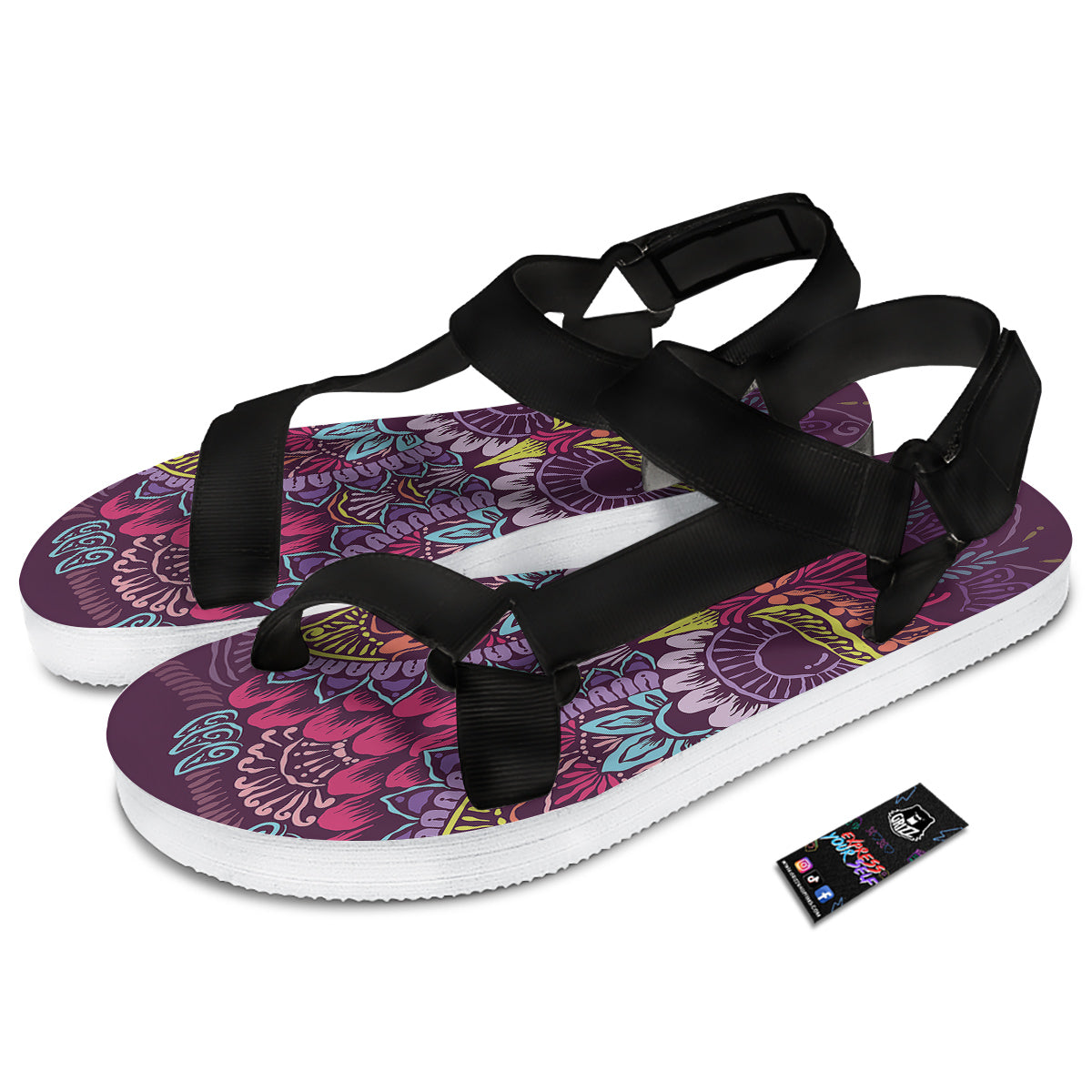 Owl Tribal Colorful Print Black Open Toe Sandals-grizzshop