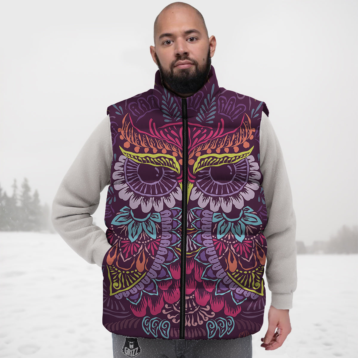 Owl Tribal Colorful Print Down Vest