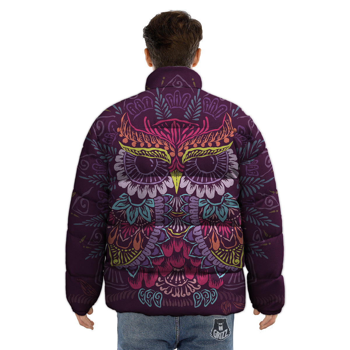 Owl Tribal Colorful Print Puffer Jacket-grizzshop
