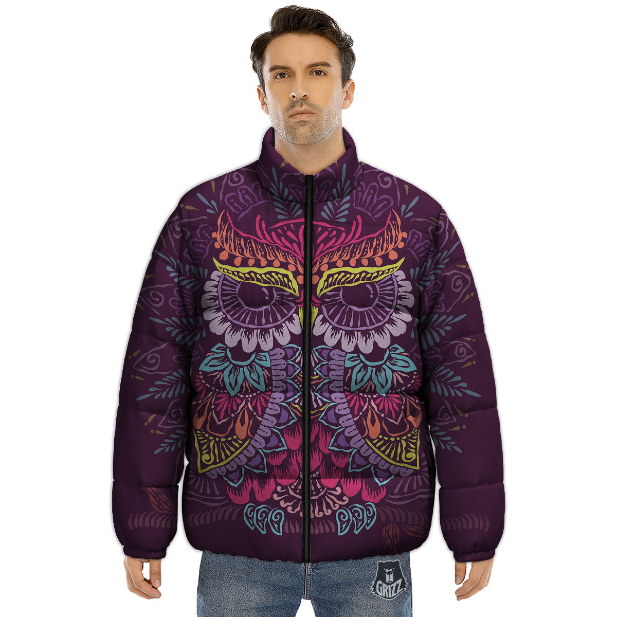 Owl Tribal Colorful Print Puffer Jacket-grizzshop