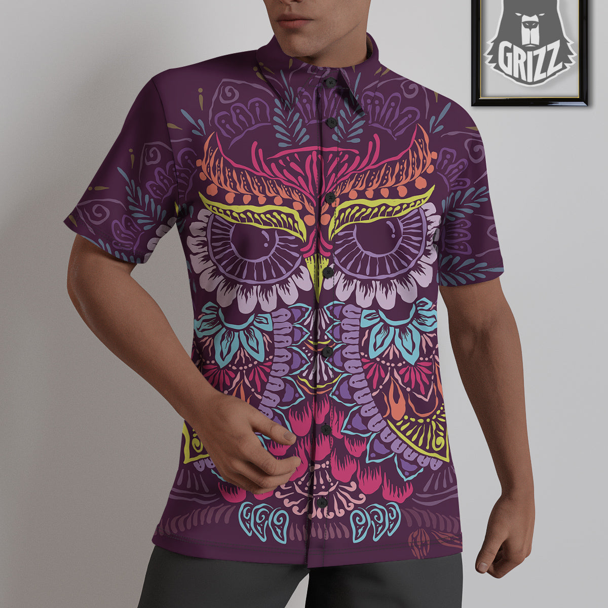 Owl Tribal Colorful Print Untucked Shirts-grizzshop