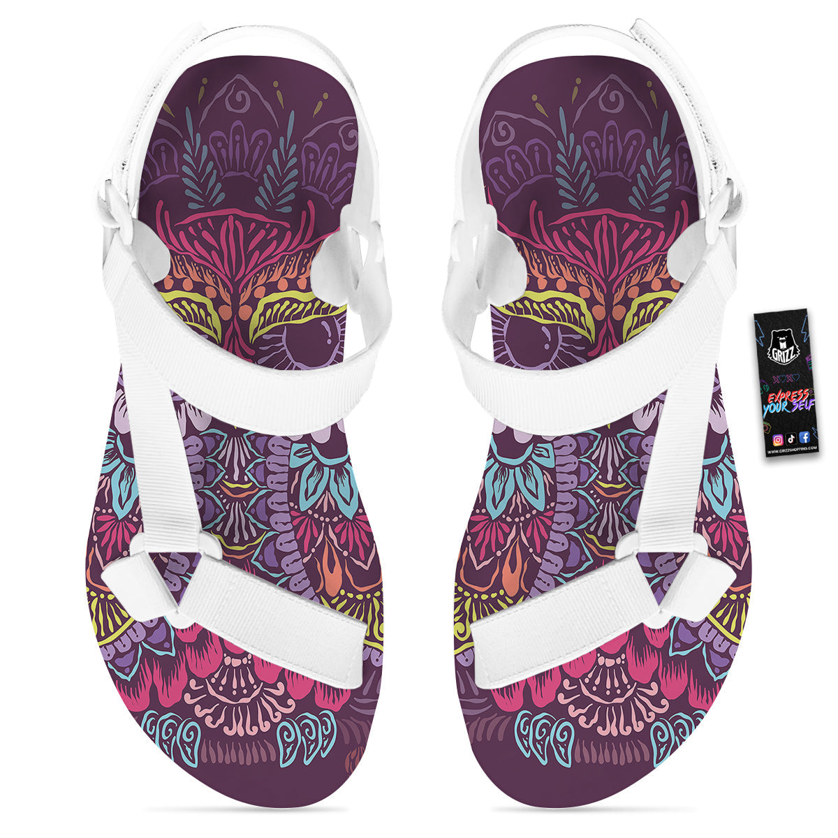Owl Tribal Colorful Print White Open Toe Sandals-grizzshop