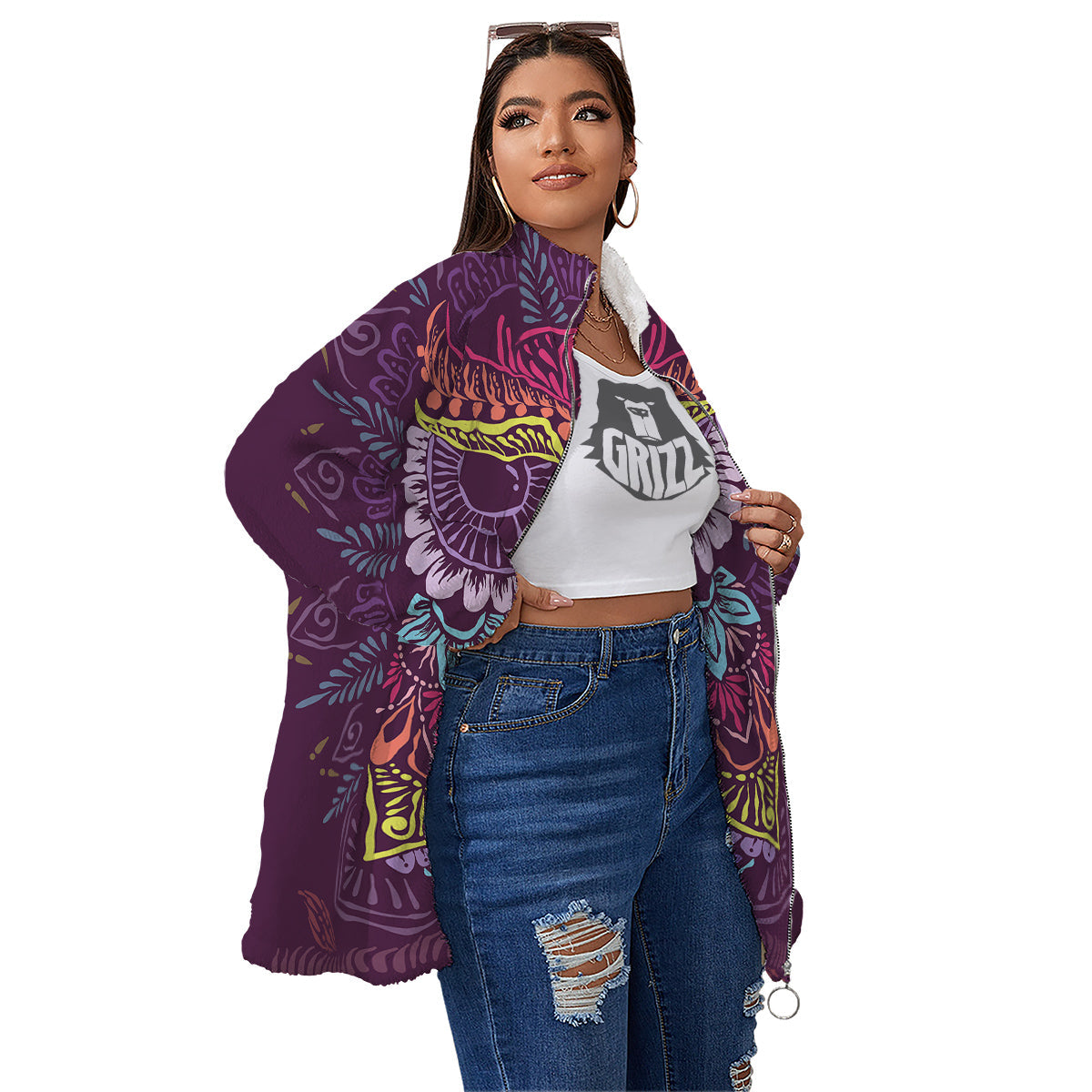 Owl Tribal Colorful Print Women's Sherpa Jacket-grizzshop