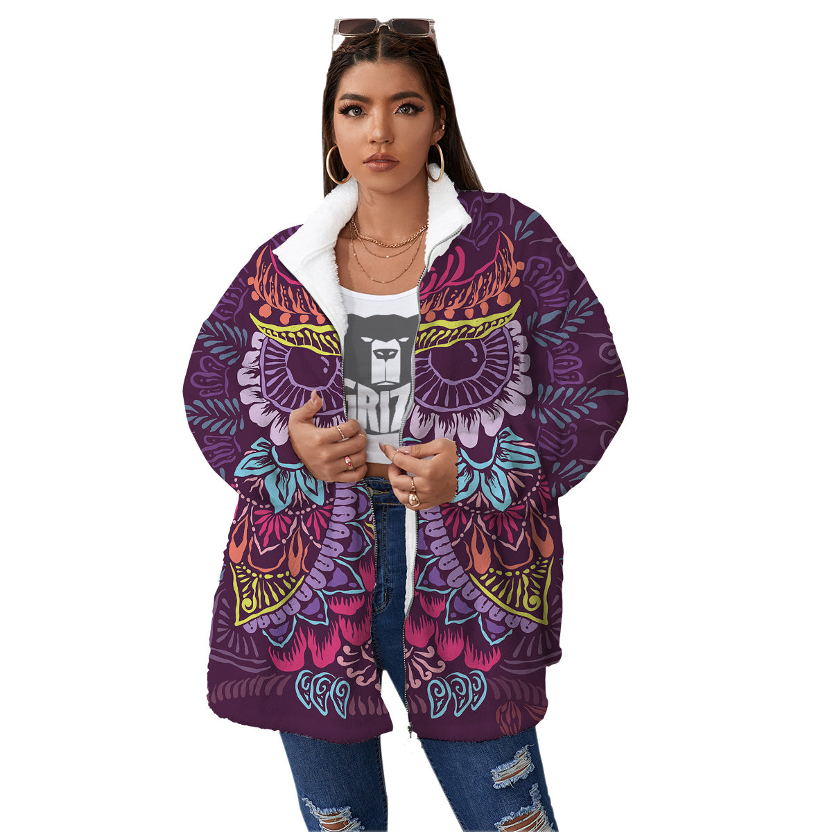 Owl Tribal Colorful Print Women's Sherpa Jacket-grizzshop