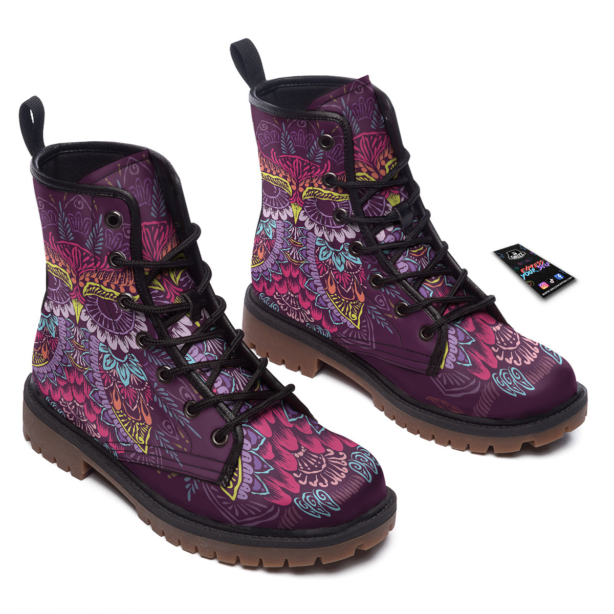 Owl Tribal Colorful Print Work Boots-grizzshop