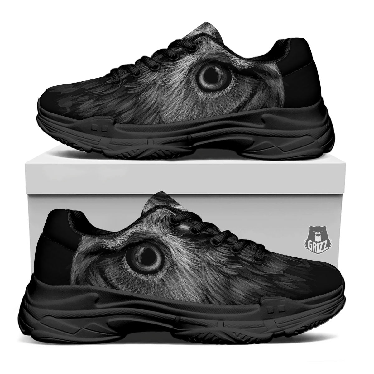 Owl White And Black Print Black Chunky Shoes-grizzshop