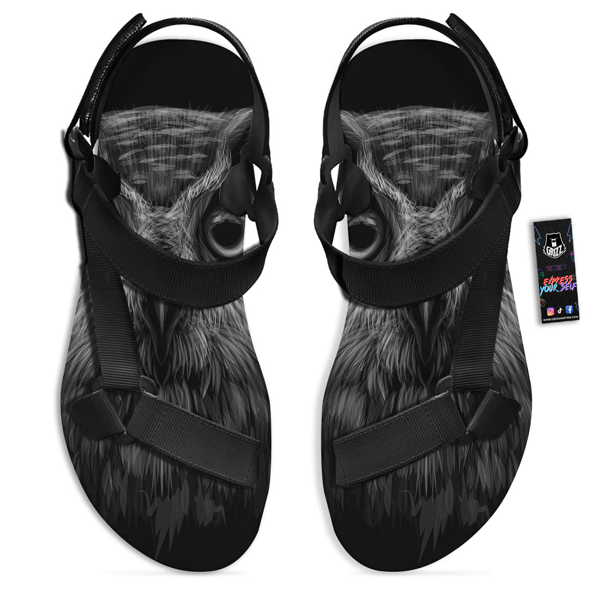 Owl White And Black Print Black Open Toe Sandals-grizzshop