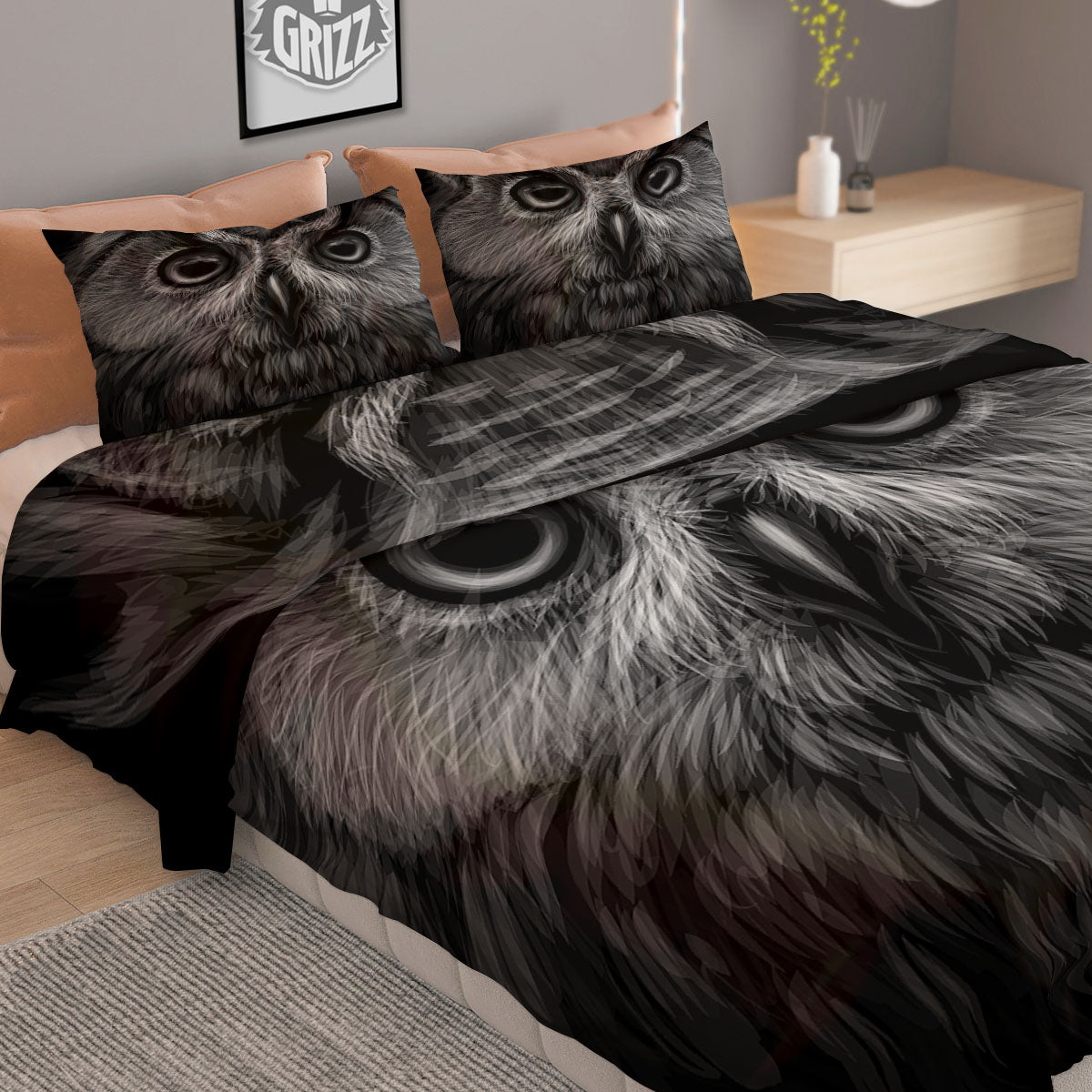 Owl White And Black Print Duvet Cover Bedding Set