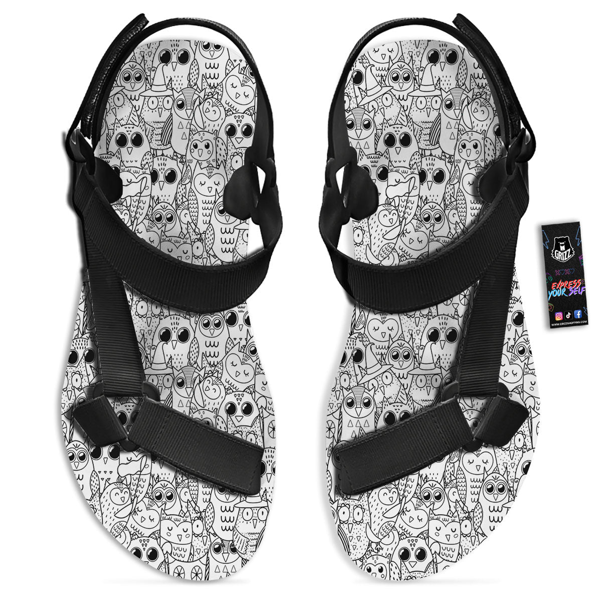 Owl White And Black Print Pattern Black Open Toe Sandals-grizzshop