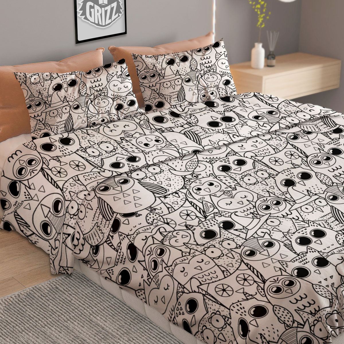 Owl White And Black Print Pattern Duvet Cover Bedding Set