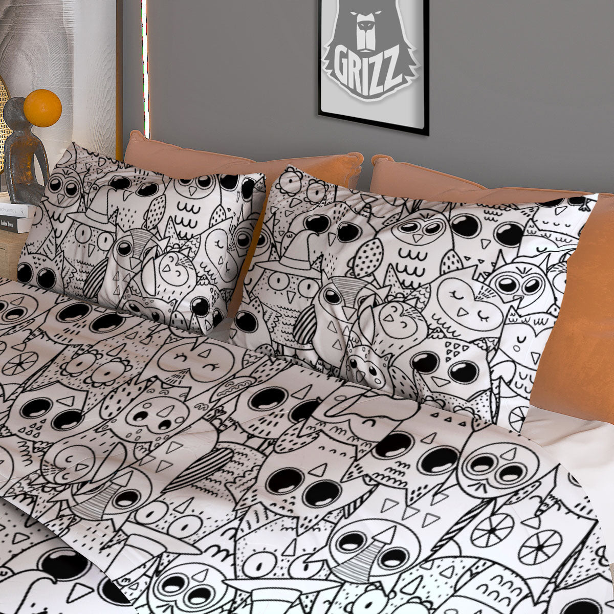 Owl White And Black Print Pattern Duvet Cover Bedding Set