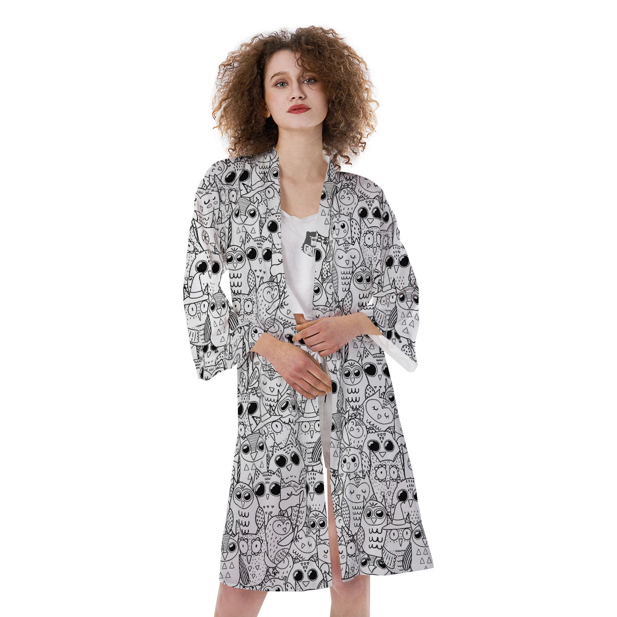 Owl White And Black Print Pattern Kimono-grizzshop