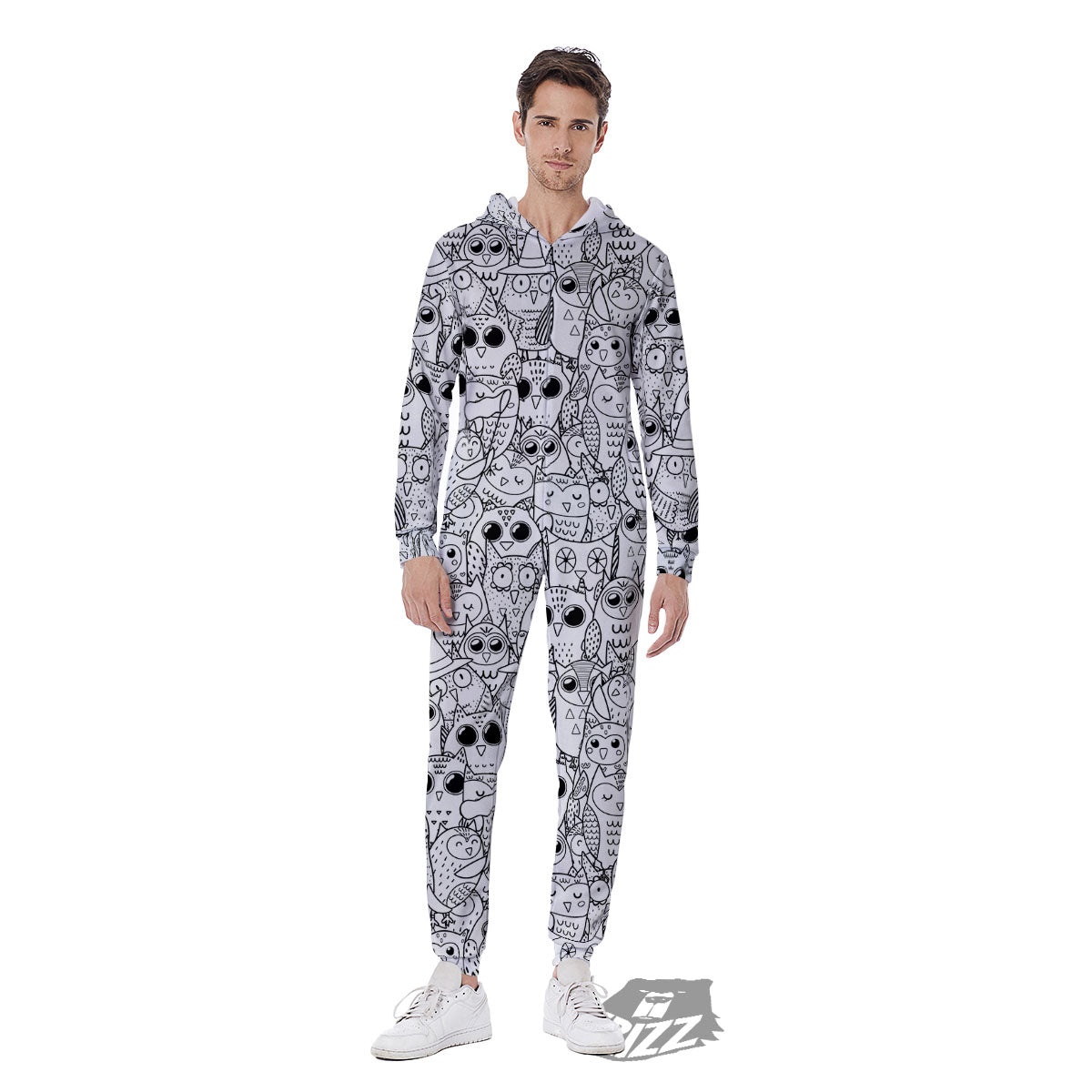 Owl White And Black Print Pattern Men's Jumpsuit-grizzshop