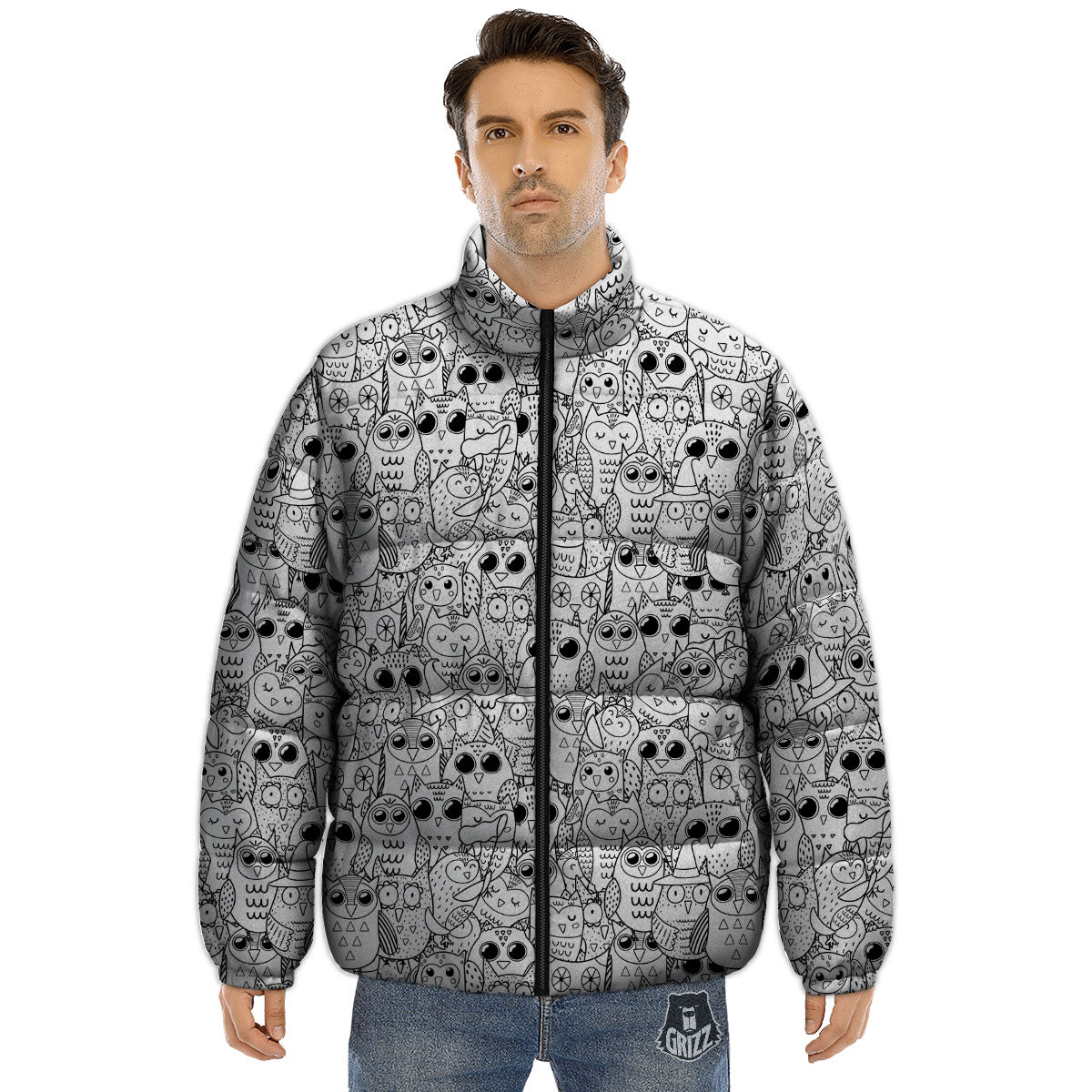 Owl White And Black Print Pattern Puffer Jacket-grizzshop