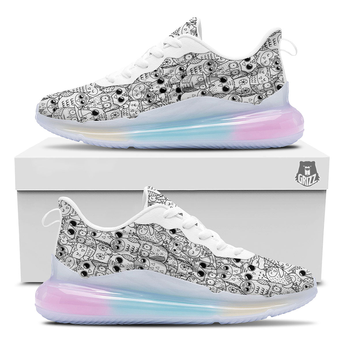 Owl White And Black Print Pattern Running Sneakers-grizzshop