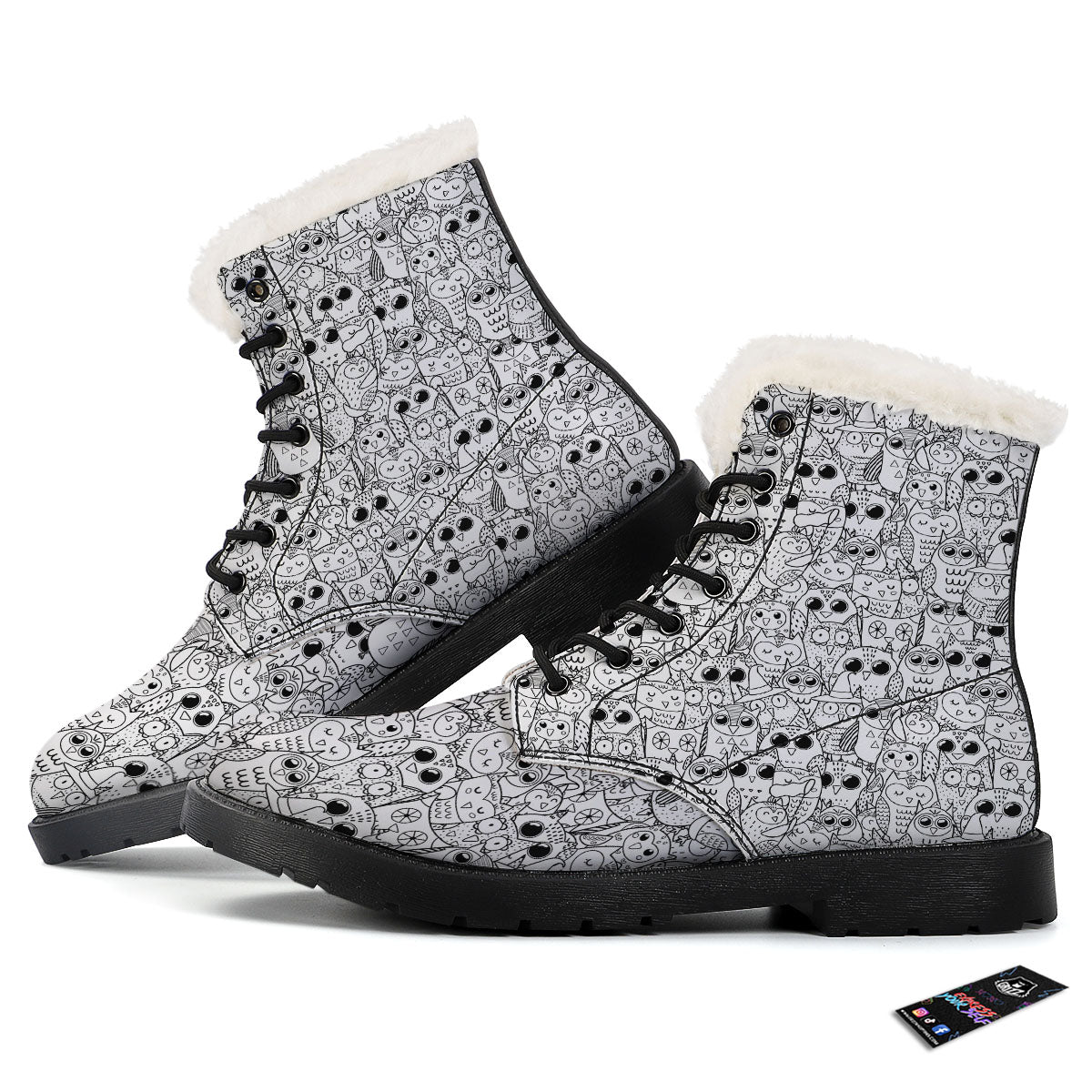 Owl White And Black Print Pattern Winter Boots-grizzshop