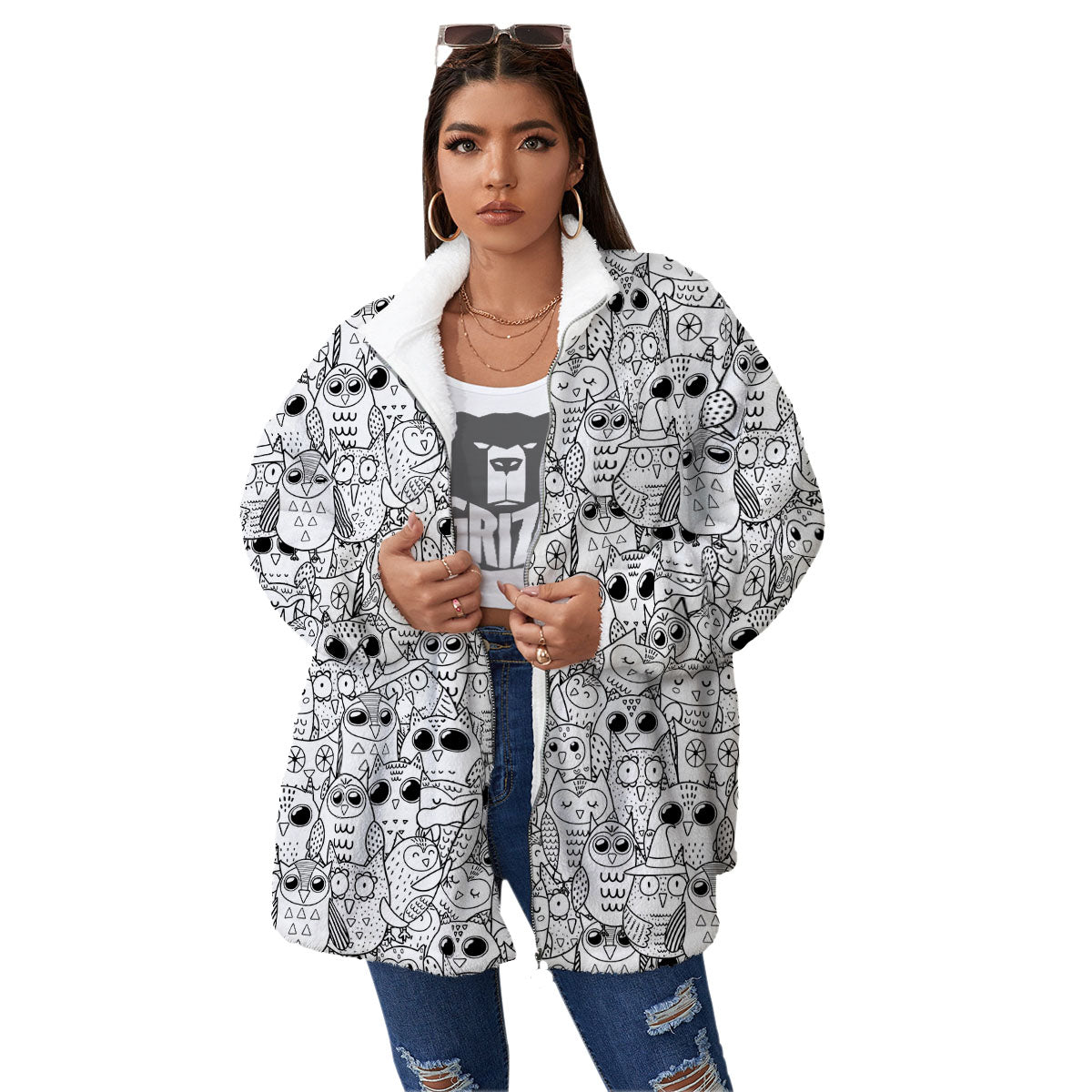 Owl White And Black Print Pattern Women's Sherpa Jacket-grizzshop