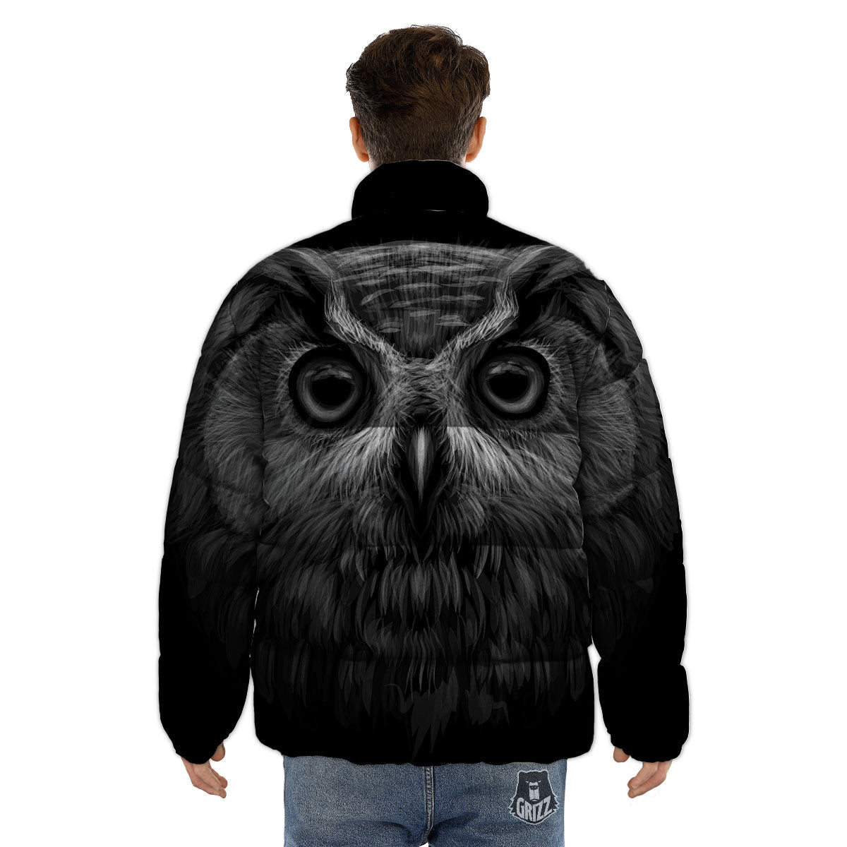 Owl White And Black Print Puffer Jacket-grizzshop