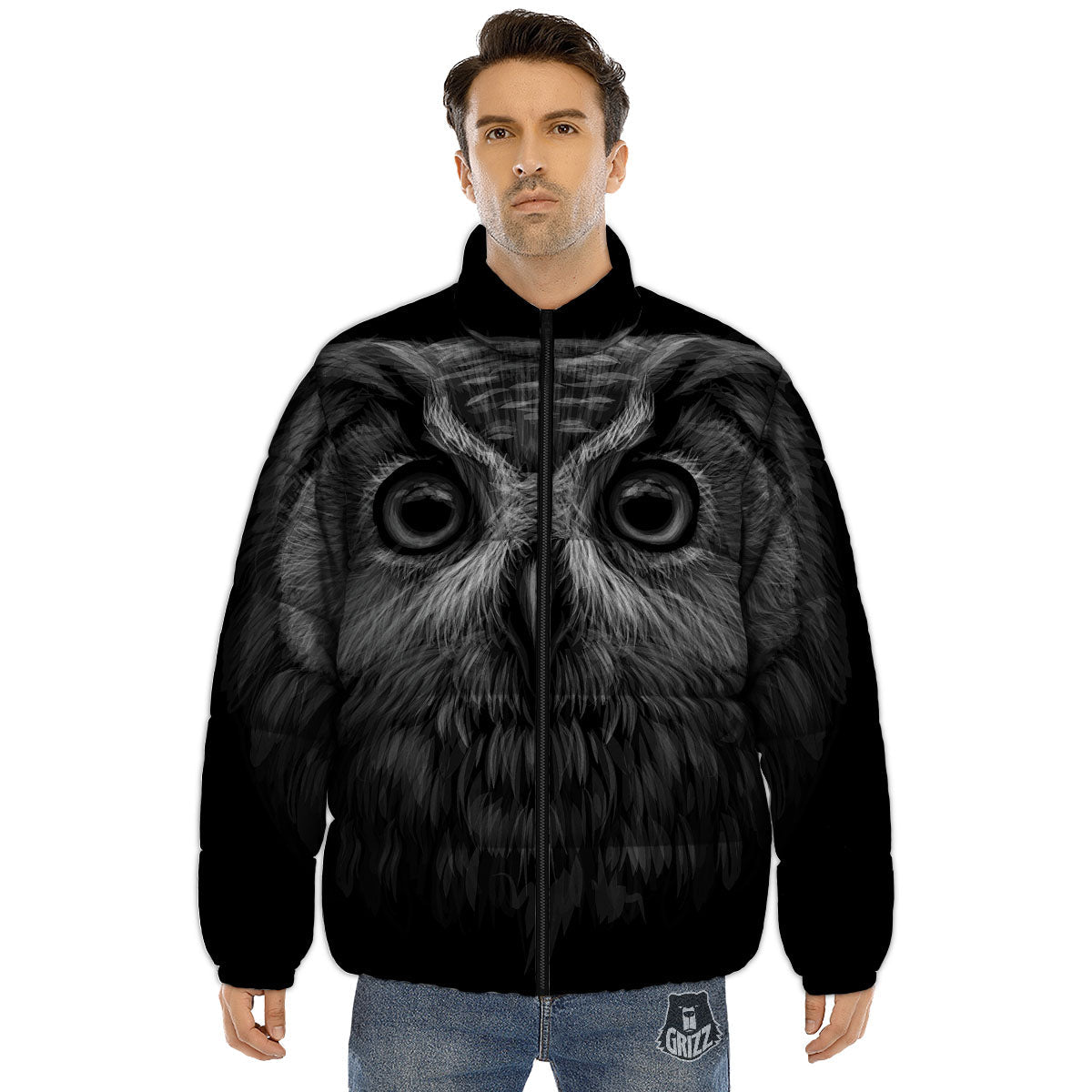 Owl White And Black Print Puffer Jacket-grizzshop