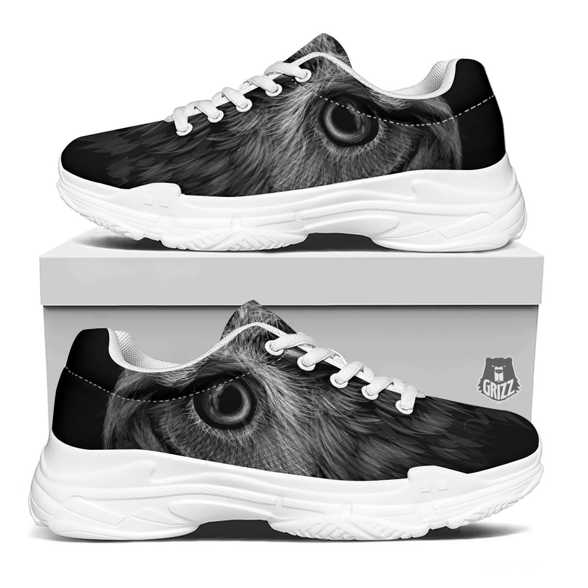 Owl White And Black Print White Chunky Shoes-grizzshop