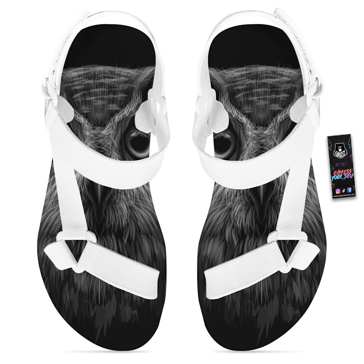 Owl White And Black Print White Open Toe Sandals-grizzshop