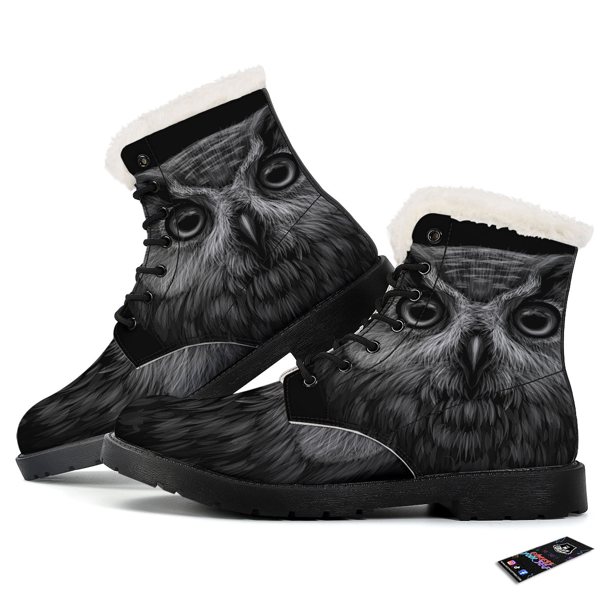 Owl White And Black Print Winter Boots-grizzshop