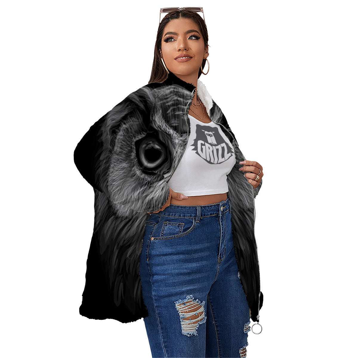 Owl White And Black Print Women's Sherpa Jacket-grizzshop