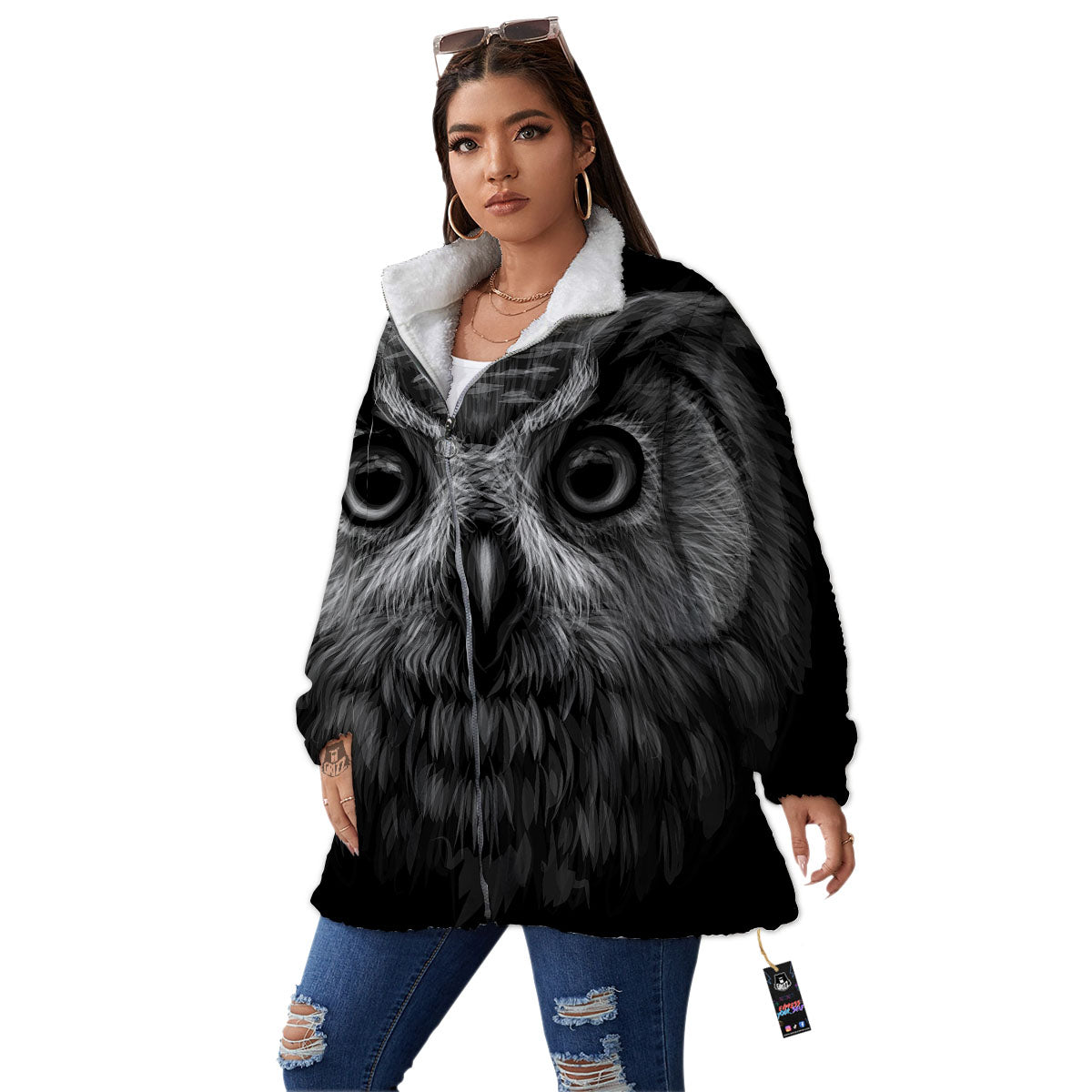 Owl White And Black Print Women's Sherpa Jacket-grizzshop