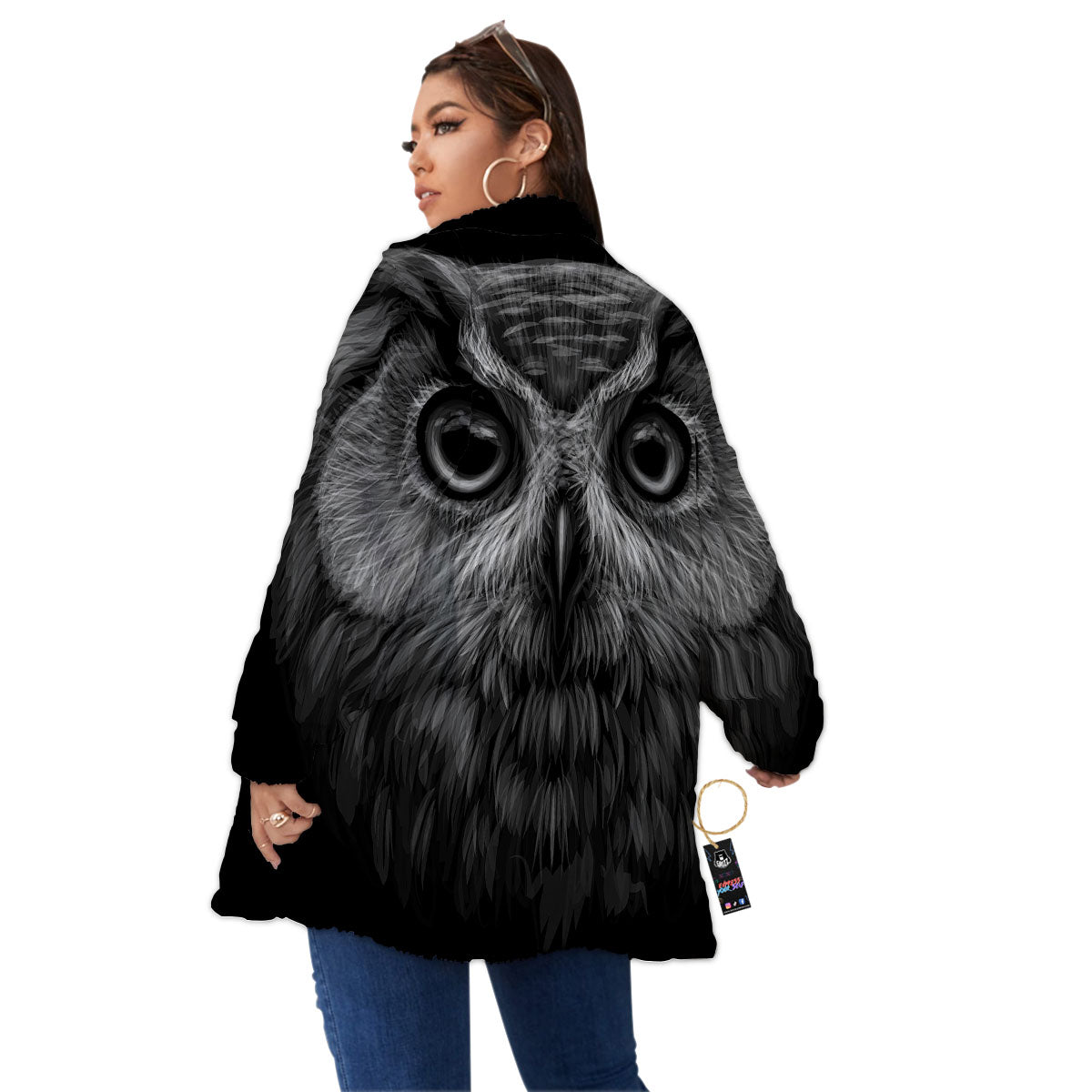 Owl White And Black Print Women's Sherpa Jacket-grizzshop