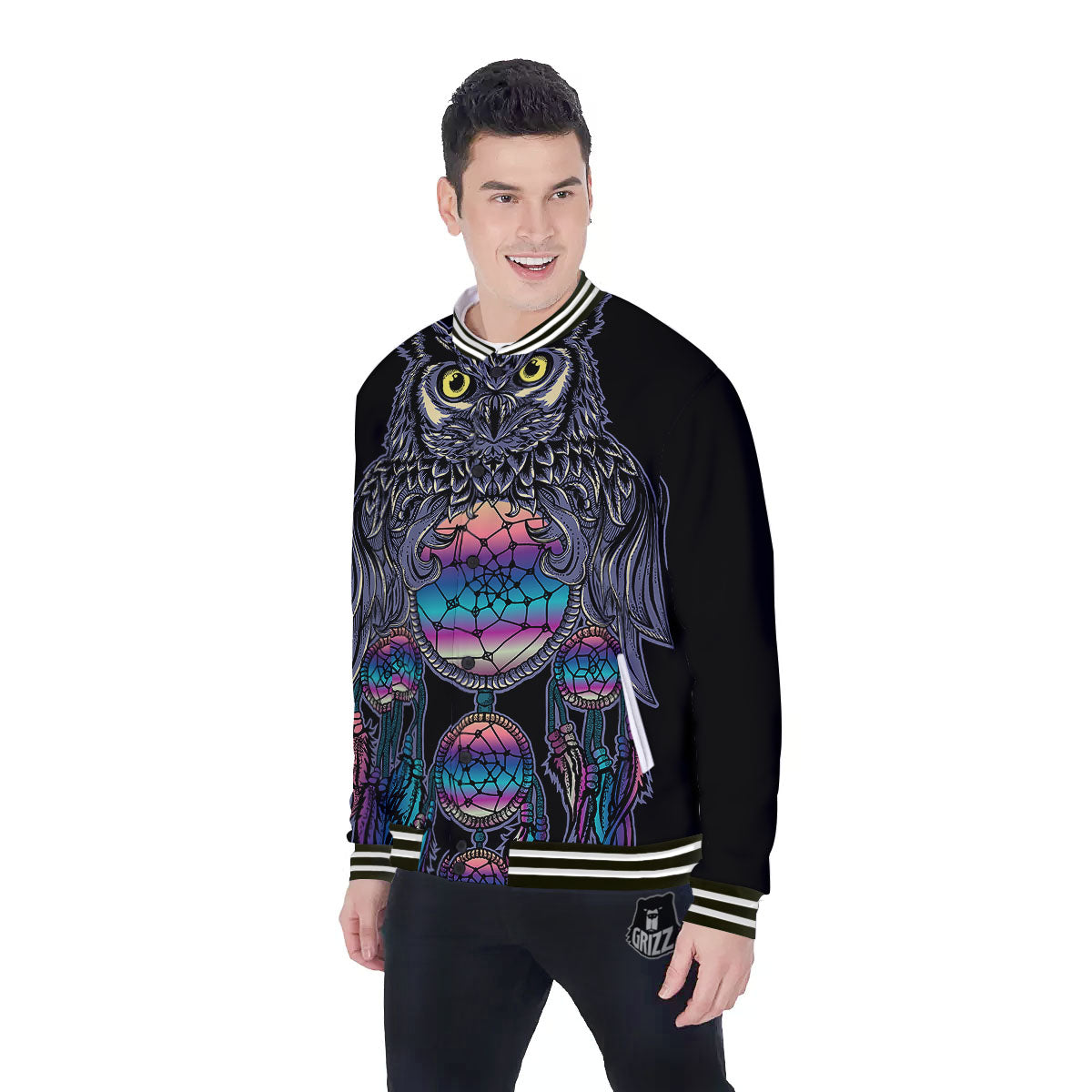 Owl With Dreamcatcher Print Baseball Jacket-grizzshop