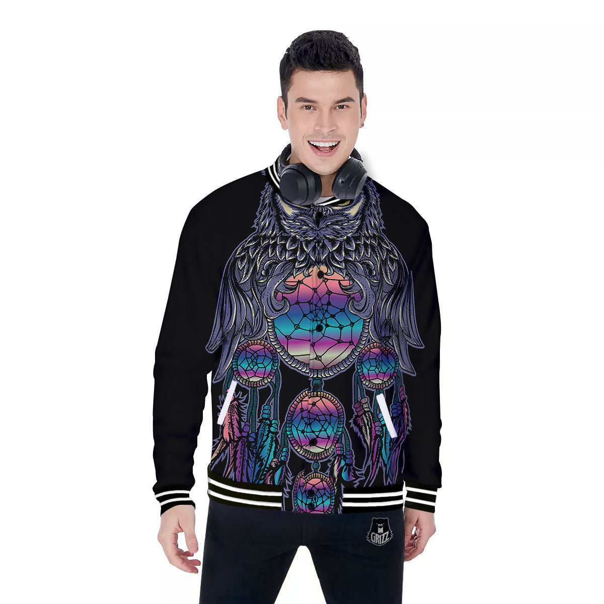 Owl With Dreamcatcher Print Baseball Jacket-grizzshop