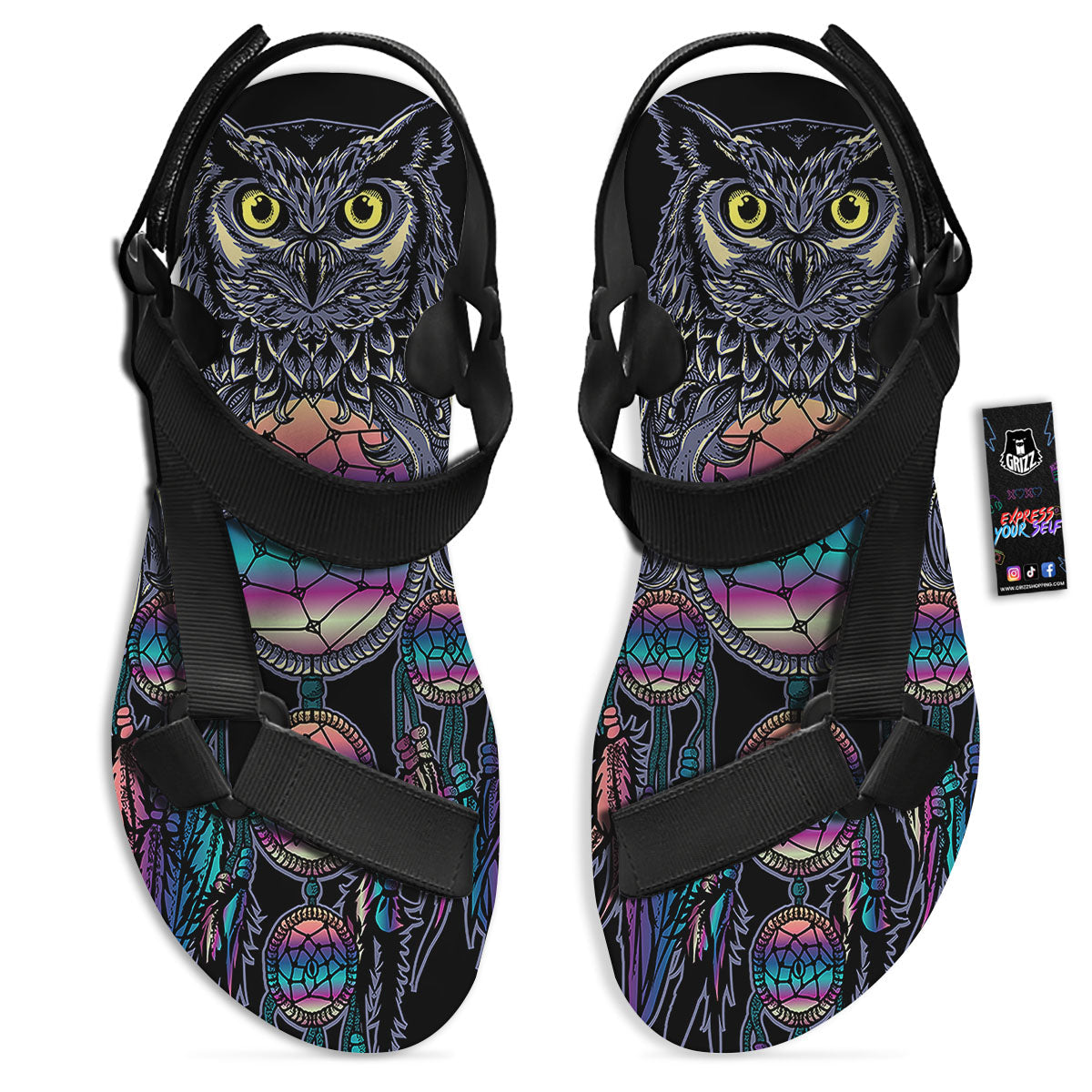 Owl With Dreamcatcher Print Black Open Toe Sandals-grizzshop